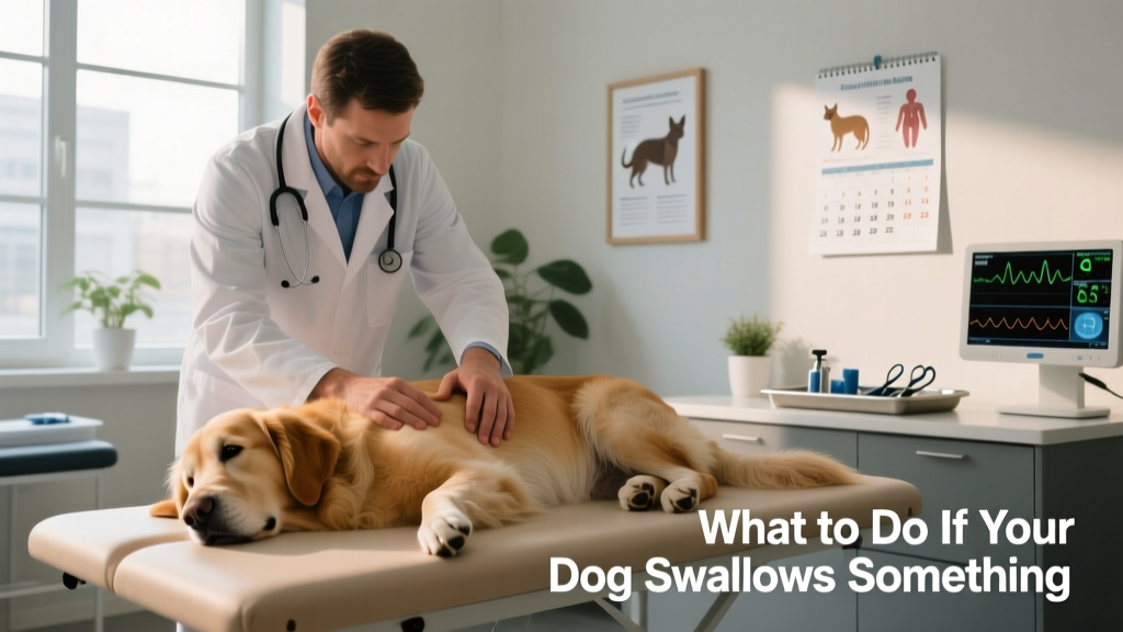 Veterinarian performing a gentle abdominal exam on a calm dog in a clinic setting