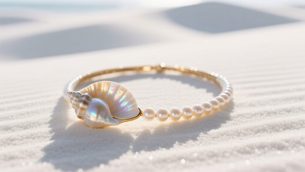 Flat lay of a mother-of-pearl seashell choker necklace on white sand, soft morning sunlight, minimalist coastal jewelry aesthetic