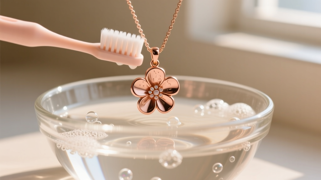 Soft baby toothbrush gently scrubbing the crevices of a rose gold flower pendant submerged in a glass bowl of warm soapy water.