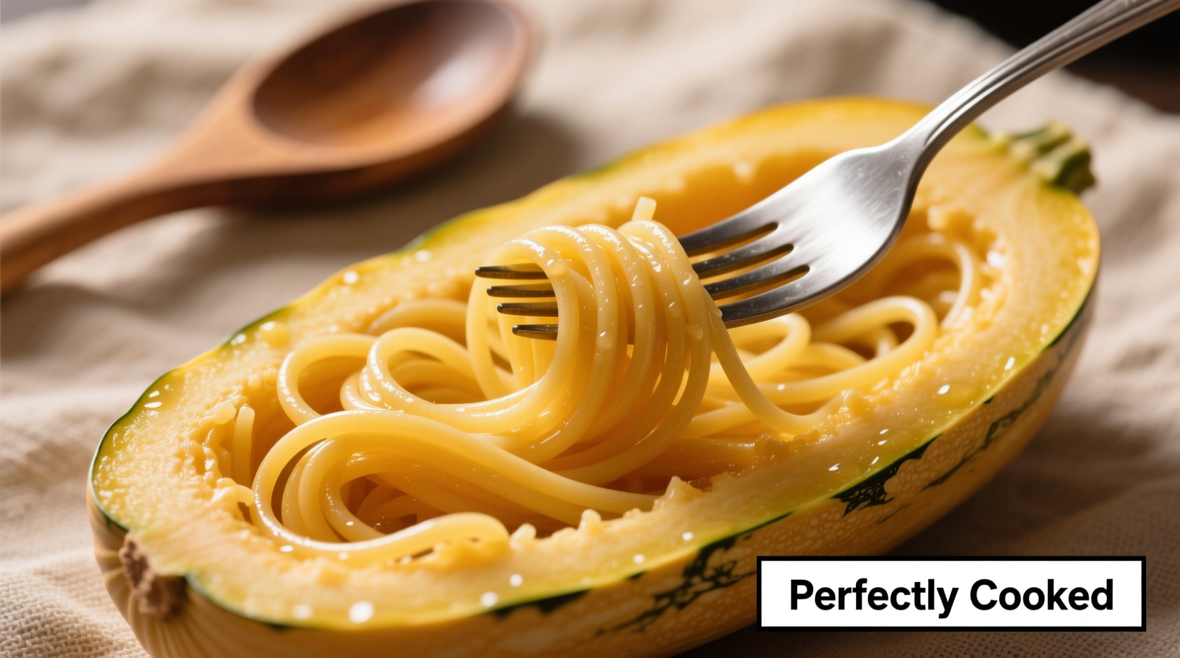Perfectly cooked spaghetti squash strands with fork