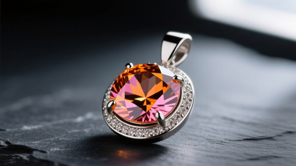 Macro shot of an Imperial topaz pendant showing deep orange-pink pleochroism, set in a brushed platinum bezel on dark slate.
