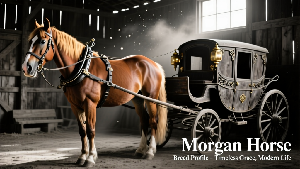 Historic black-and-white photo of a Morgan horse hitched to a classic wooden carriage