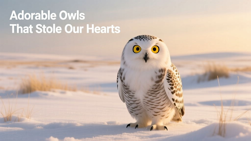 A snowy owl standing alert on open tundra snow, its bright yellow eyes focused forward, feathers fluffed against the cold