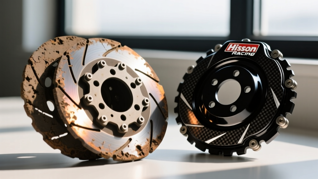 Close-up of worn dirt bike friction plates showing glazing and grooves next to a brand new Hinson Racing carbon fiber clutch kit