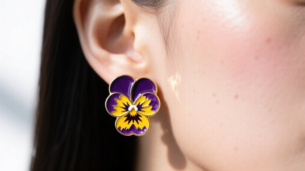 Close-up of an earlobe sagging slightly under the weight of a large, vintage purple and yellow enamel pansy stud earring.