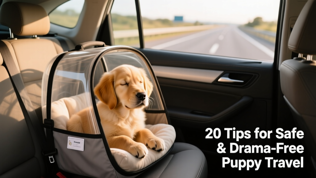 A calm, relaxed puppy sitting comfortably in a well-ventilated, airline-approved carrier inside a car