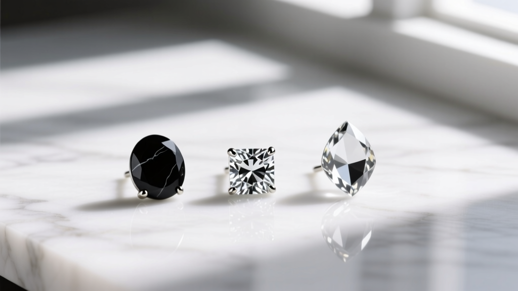 Flat lay of natural onyx, cubic zirconia, and glass crystal black stud earrings resting on a clean, bright white marble surface.