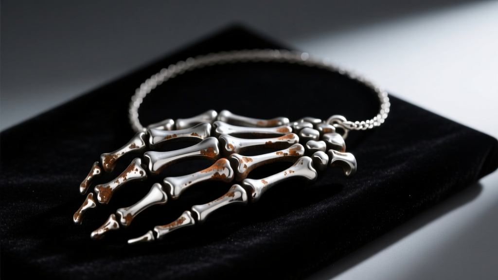 Moody studio shot of an oxidized sterling silver skeletal hand necklace on black velvet, lit by a single dramatic spotlight.