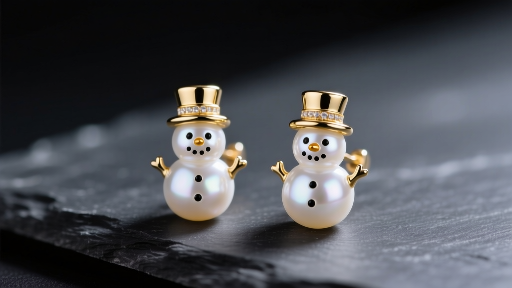 Macro shot of freshwater pearl snowman earrings with gold enamel hats resting on dark slate under soft studio lighting