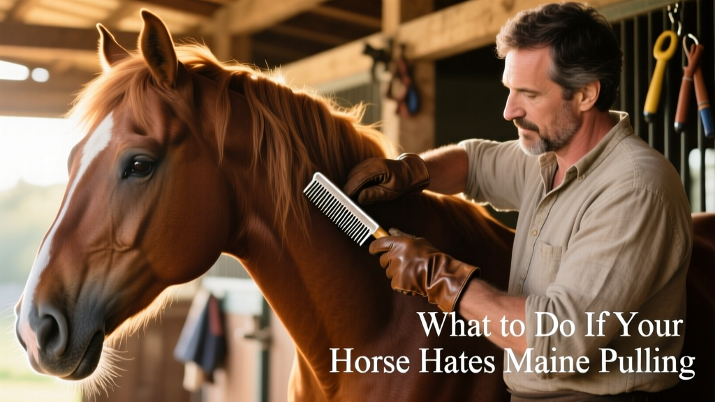 Close-up of a groom using a mane-pulling comb on a calm horse's neck