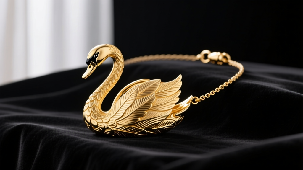 14k yellow gold swan necklace on dark velvet, showing intricate feather engravings and a secure lobster clasp in soft lighting