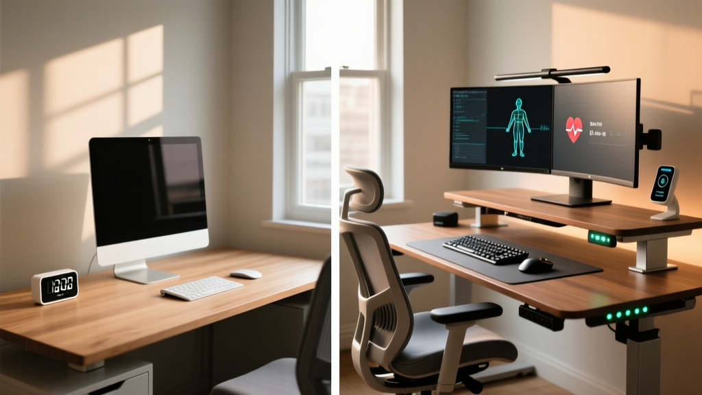 Split-screen workspace showing a basic startup desk with a simple timer versus an advanced ergonomic setup with biometric sensors.