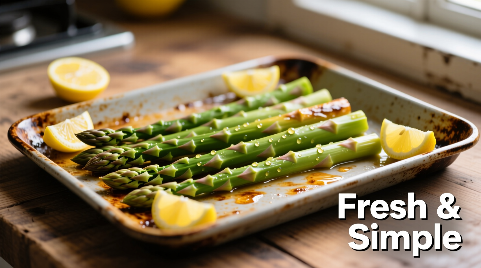 Fresh asparagus roasting on baking sheet with lemon slices