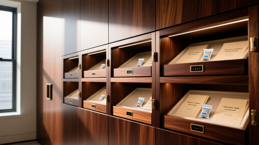 Mahogany jewelry vault displaying microclimate compartments lined with sulfur-free archival tissue and small silica gel packets