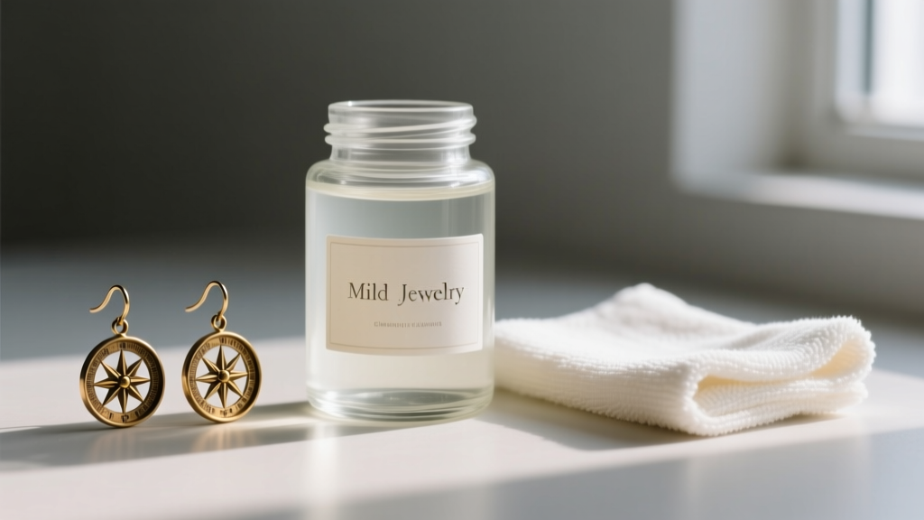 Glass jar of mild jewelry cleaning solution next to a microfiber cloth and a pair of tarnished brass compass rose hoop earrings.