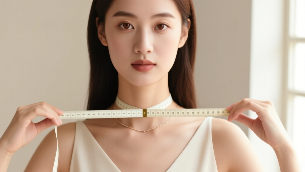 Close-up of a woman using a soft measuring tape around her collarbone to find the average female necklace length for a V-neck top.