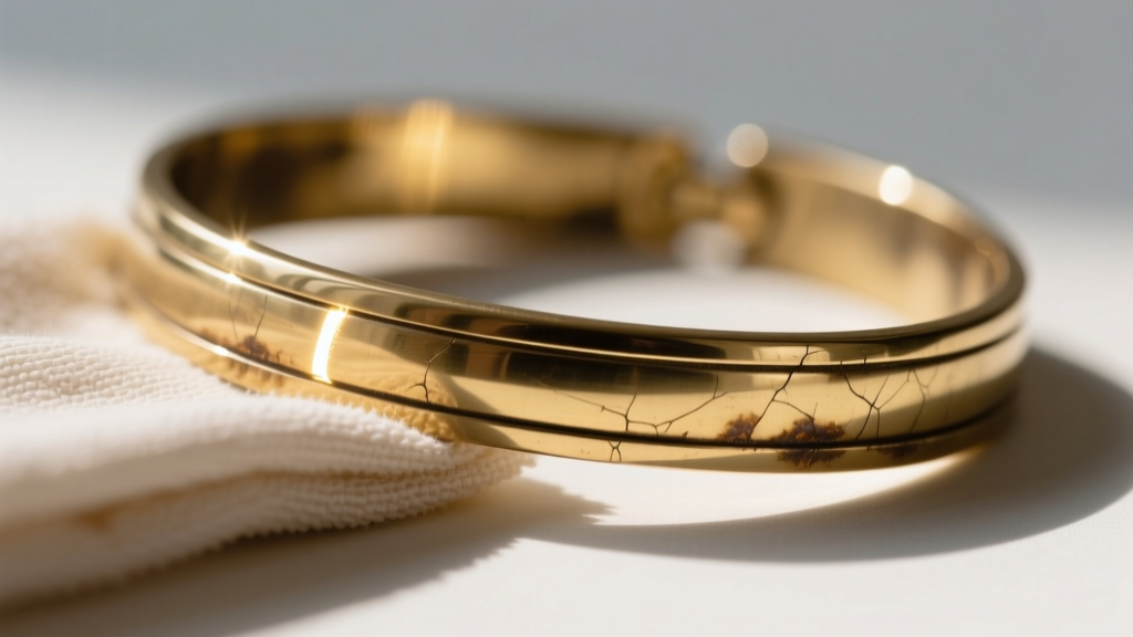 Macro shot of a polishing cloth gently rubbing a brass cuff bracelet, revealing a bright stripe against the dull tarnished patina