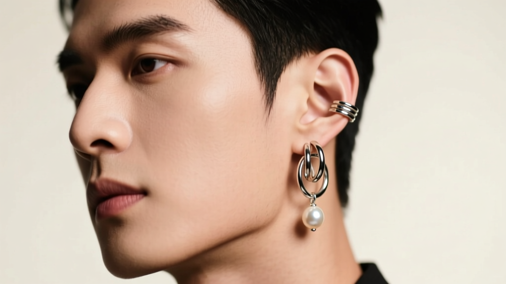 High-fashion portrait of a male model with a curated ear stack featuring silver hoops and a pearl drop, soft studio lighting