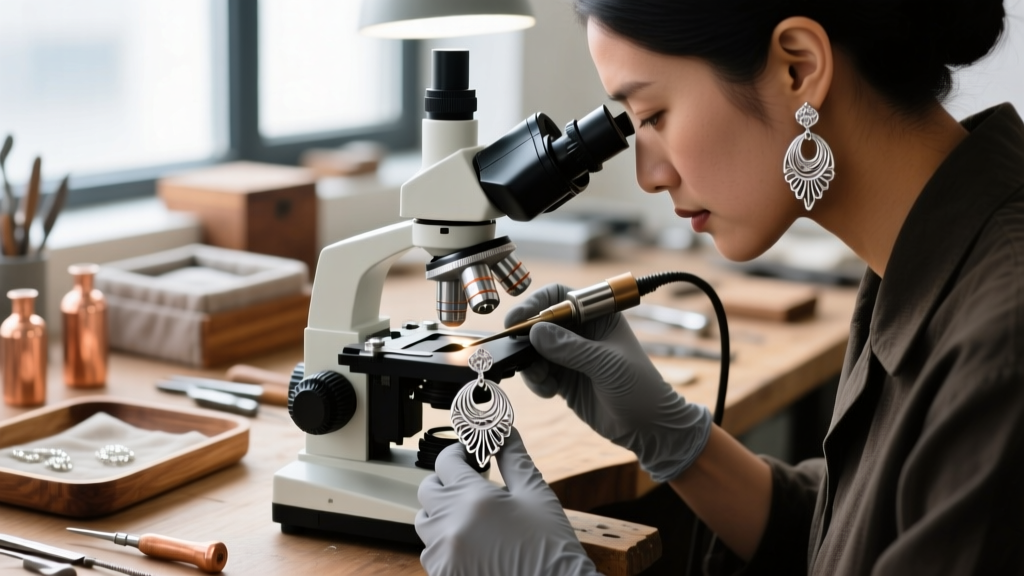 Jeweler using a microscope and laser welder to fix a Peruvian silver filigree earring wire against a blurred workshop background.