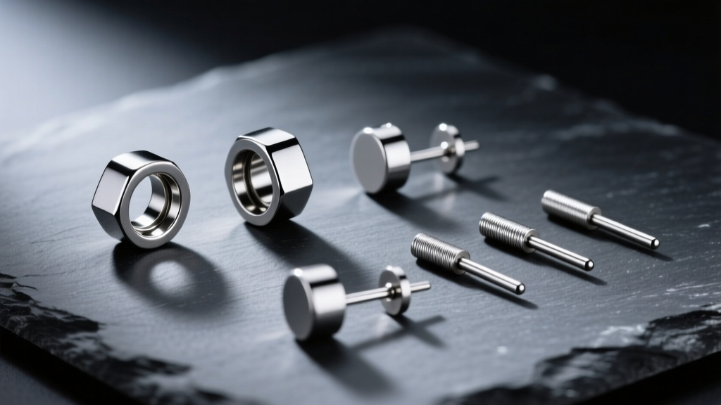 Polished ASTM F-136 implant-grade titanium threadless earring ends and pins laid out on dark slate under bright studio lighting.