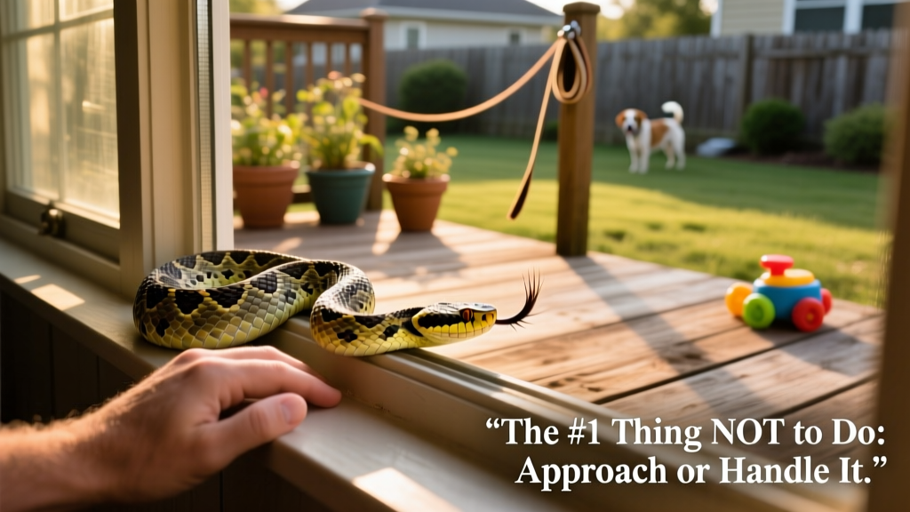 A rattlesnake visible near a patio edge, observed safely from a second-story window