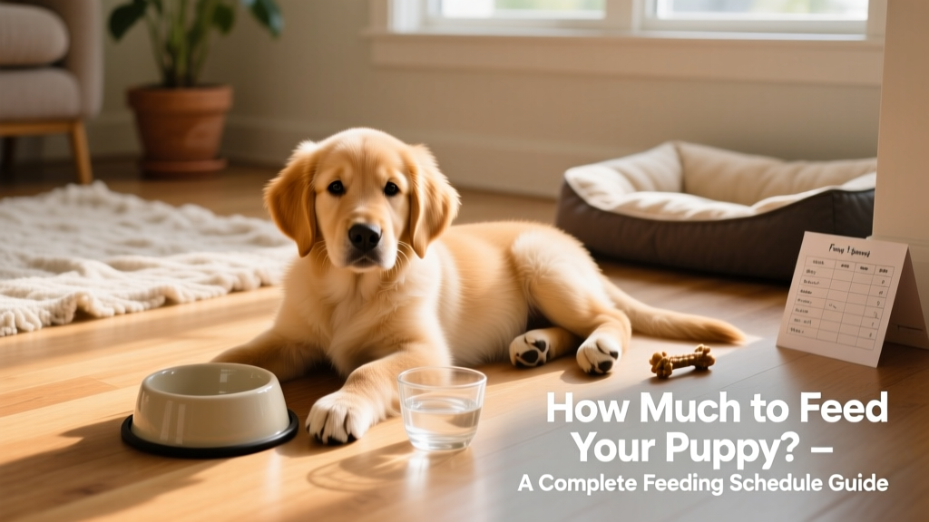 A calm, well-fed puppy resting peacefully beside an empty food bowl and a water dish