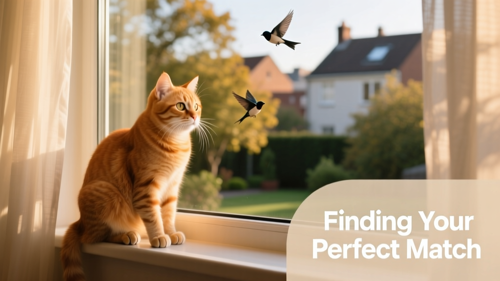 A curious ginger cat perched on a windowsill, watching birds outside