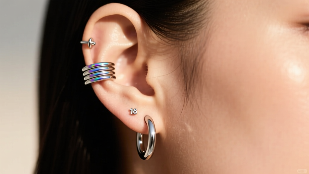 A stylish ear party featuring a tension-spring niobium ear cuff on the upper cartilage alongside a 16-gauge huggie hoop