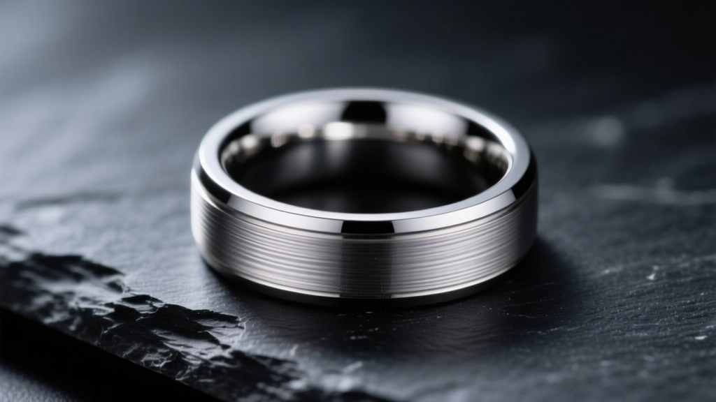 Close-up of a brushed titanium ring on dark slate, lit by soft studio light showing the intricate metal texture