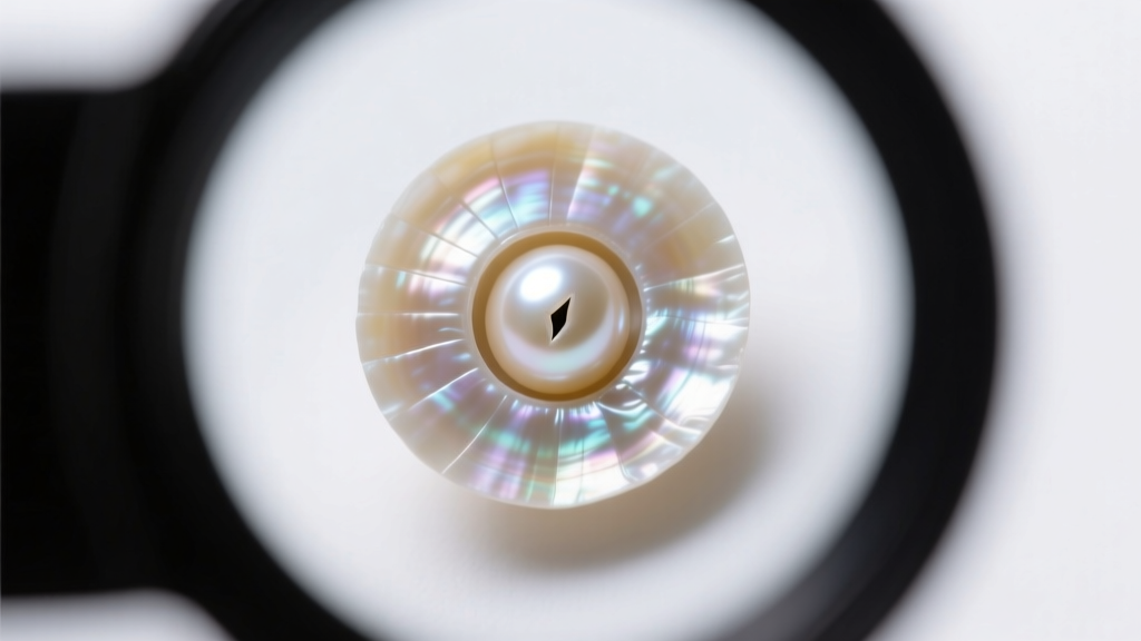Macro view of a pearl drill hole inspected with a loupe to verify nacre thickness and bead nucleus under bright studio light.