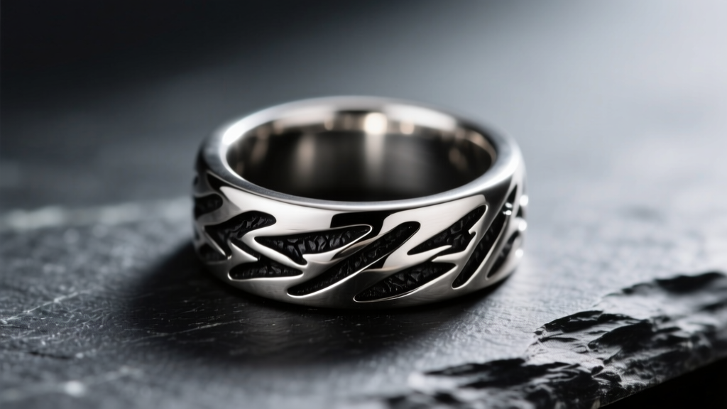 Macro shot of an oxidized sterling silver signet ring with blackened crevices and a polished bezel resting on dark textured slate