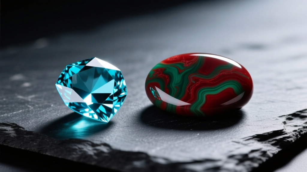 Faceted aquamarine and smooth bloodstone cabochon resting side-by-side on dark slate under bright, directional studio lighting.