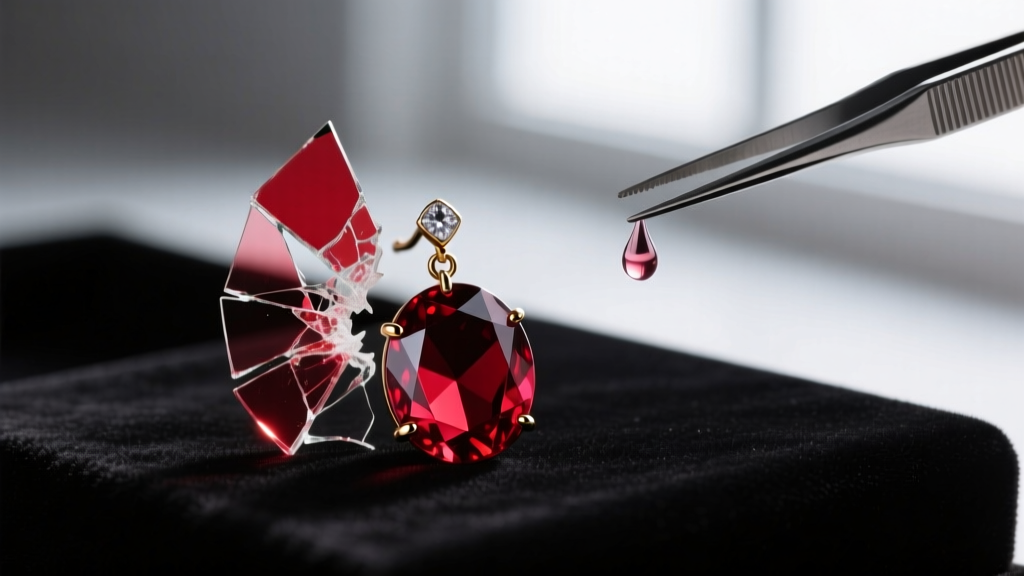 Macro shot of a broken red wine glass earring on dark velvet, with UV resin and precision tweezers softly blurred in background