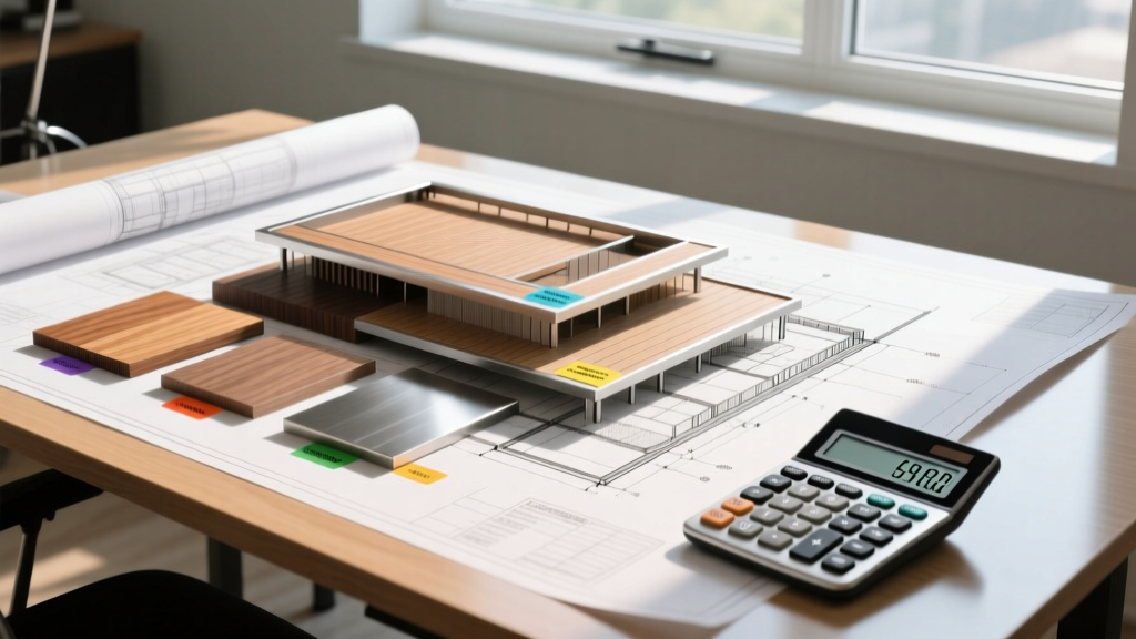 Blueprint of a multi-level composite deck overlaid with material samples and a calculator on a sunlit drafting table