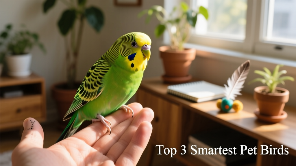 A vibrant green budgie perched on a hand, tilting its head attentively as if listening closely