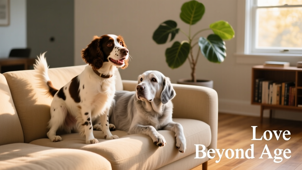 A cheerful Springer Spaniel sitting on a couch beside a calm, older dog