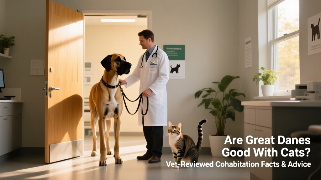 A veterinarian demonstrating a safe, leashed introduction between a Great Dane and a curious cat through a partially open door