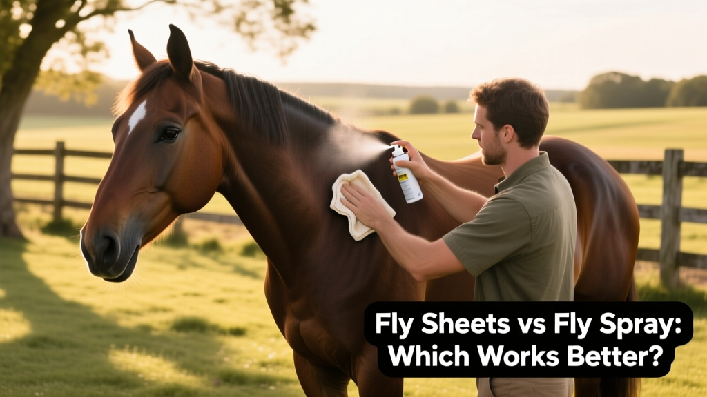 Person applying natural fly spray to a horse’s shoulder using a soft cloth, with calm horse standing in shaded paddock