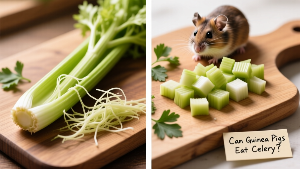 Side-by-side comparison: raw celery stalk with visible strings (left) and same stalk with strings removed and cut into small, safe pieces (right)
