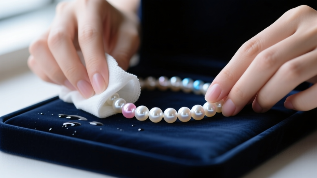 Close-up of hands gently wiping a strand of white Akoya pearls with a damp microfiber cloth on a dark velvet pad.