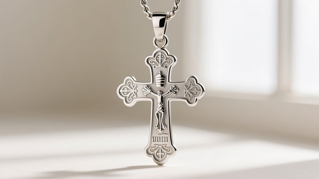 Macro shot of a sterling silver papal cross pendant showing intricate engraved details and a secure soldered jump ring bail.