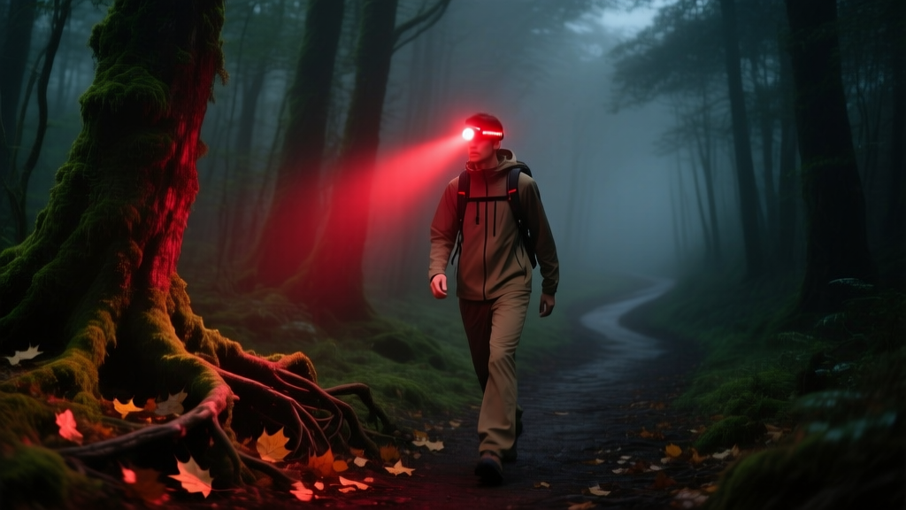 Hiker wearing Nitecore NU25 UL headlamp illuminating a dark forest trail at night with red-light mode activated