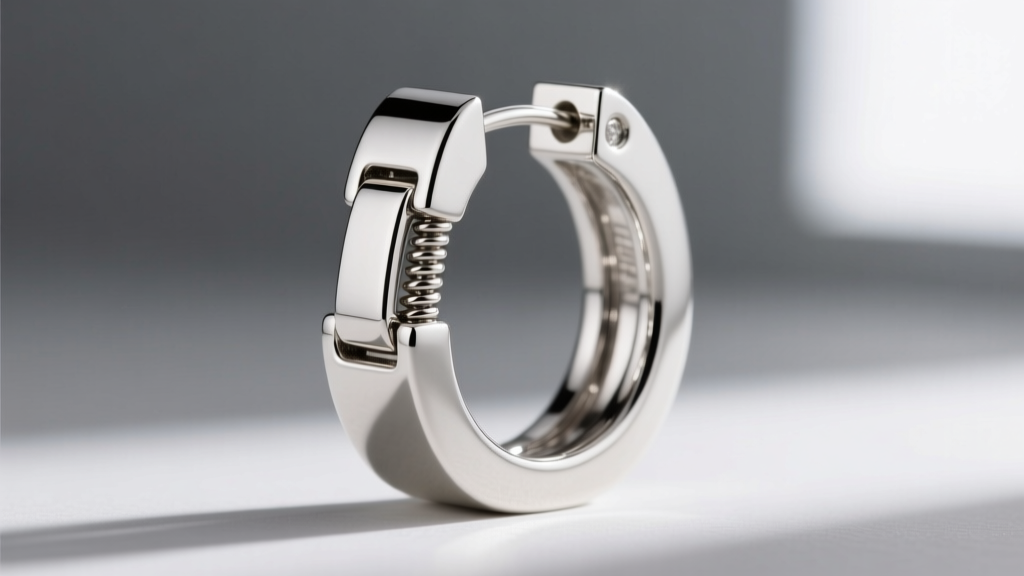 Close-up technical diagram style photo of a hinged saddleback clasp on a thick two millimeter square sterling silver hoop earring.
