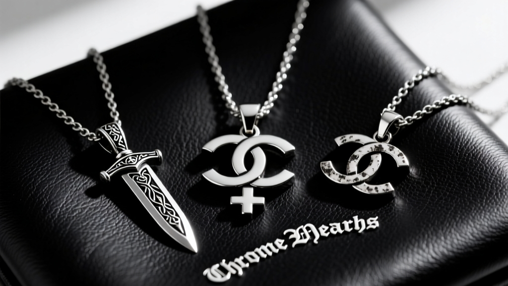 Flatlay of three Chrome Hearts pendants including a dagger and CH Plus on black leather, showcasing varied silver patinas.