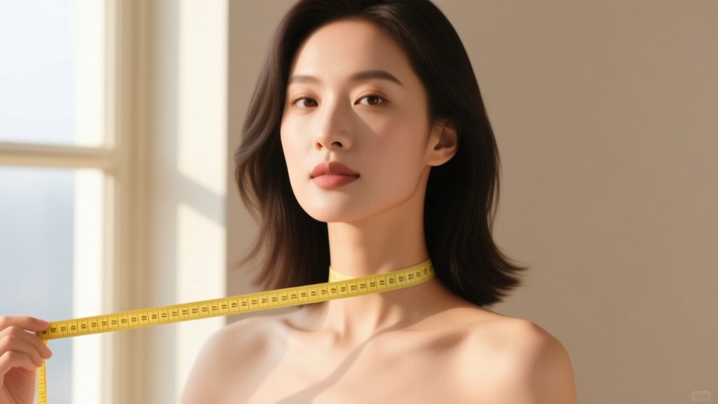 Woman using a soft yellow measuring tape around her bare neck to determine exact choker length in natural daylight, front angle
