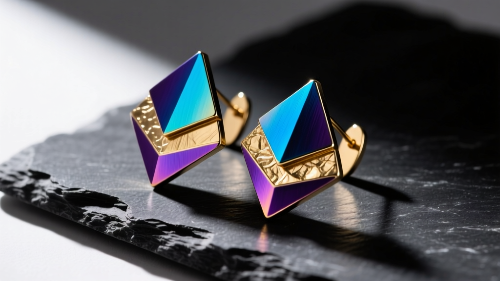 Close-up of artisan Malcolm Todd earrings featuring anodized niobium and raw brass geometric shapes resting on dark slate