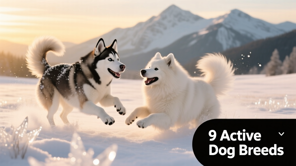 Siberian Husky and Samoyed playing together in a snowy meadow with mountains in background