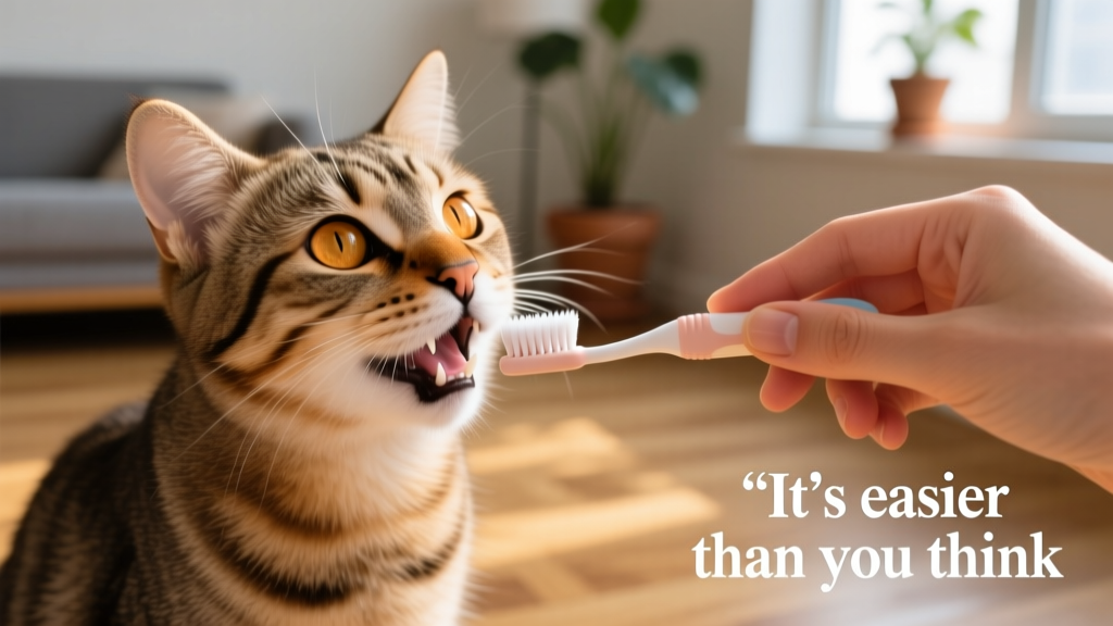Close-up of a calm cat gently opening its mouth while a person's hand holds a small finger toothbrush near its teeth