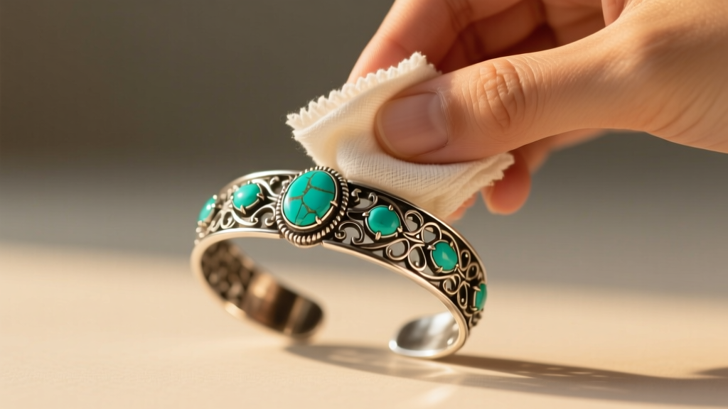 Hand gently wiping a vintage sterling silver and green turquoise cuff bracelet with a dry microfiber cloth under warm, soft light.