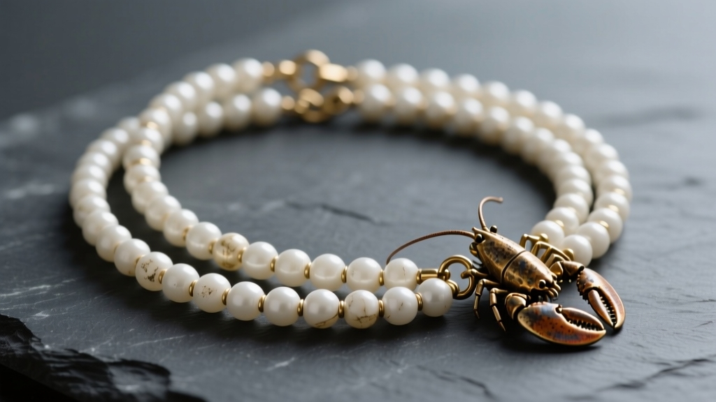 Close-up of a tangled white gold beaded necklace on dark slate, showing dull beads and a worn lobster clasp under soft lighting.